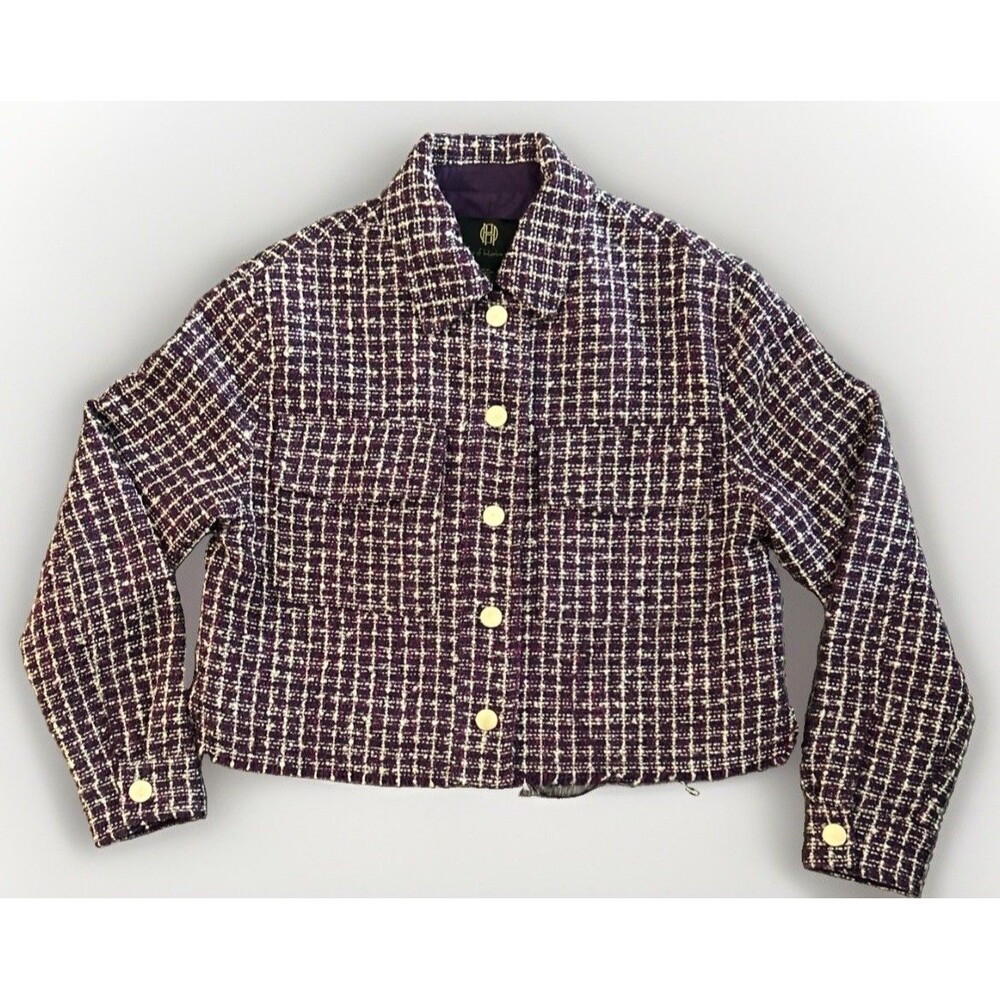 HOUSE OF HARLOW 1960 Chanel Style REVOLVE Purple Tweed Snap Jacket Blazer XS